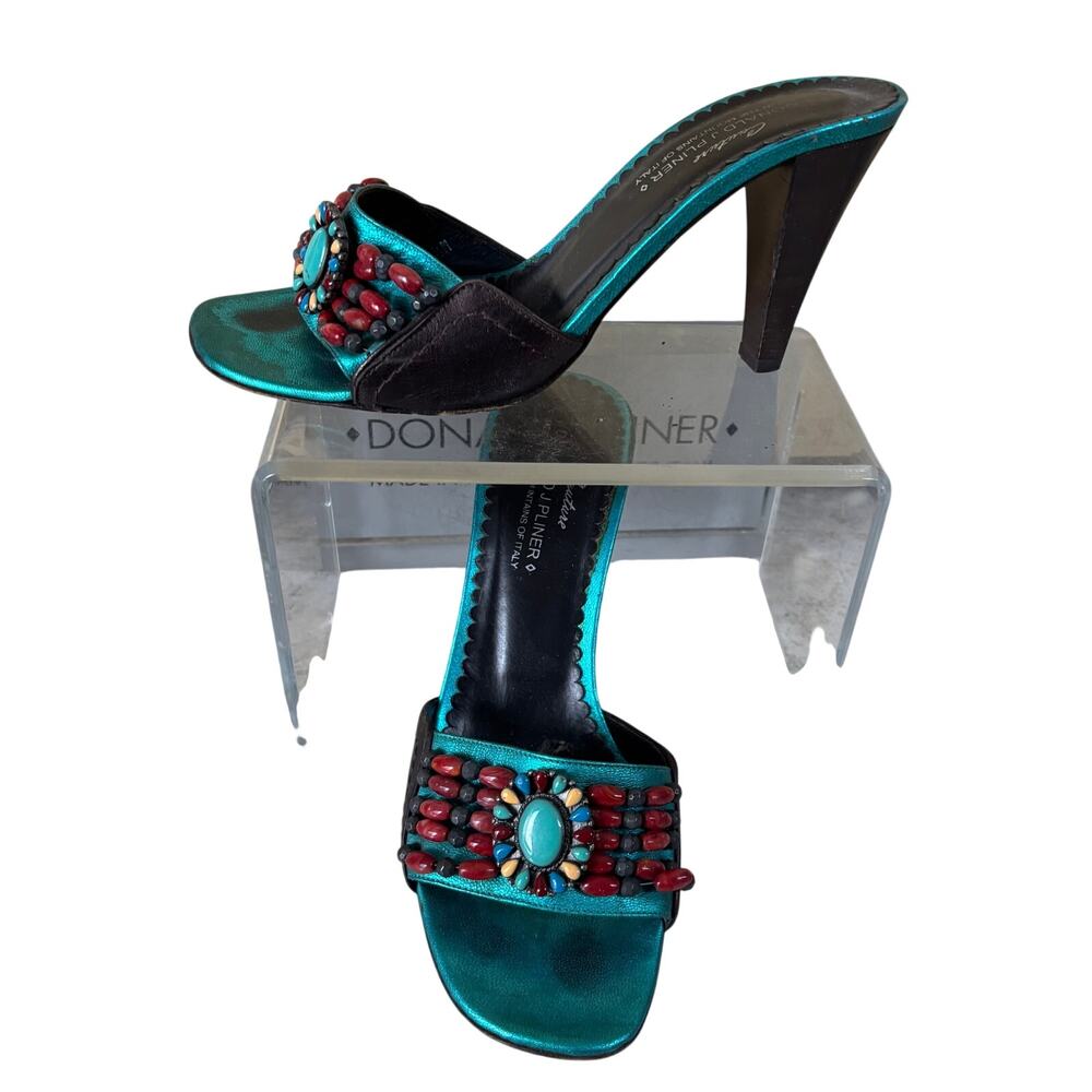 Donald Pliner Turquoise Leather Shoe Colorful Stones Shoe Sandal Slide $275  7.5